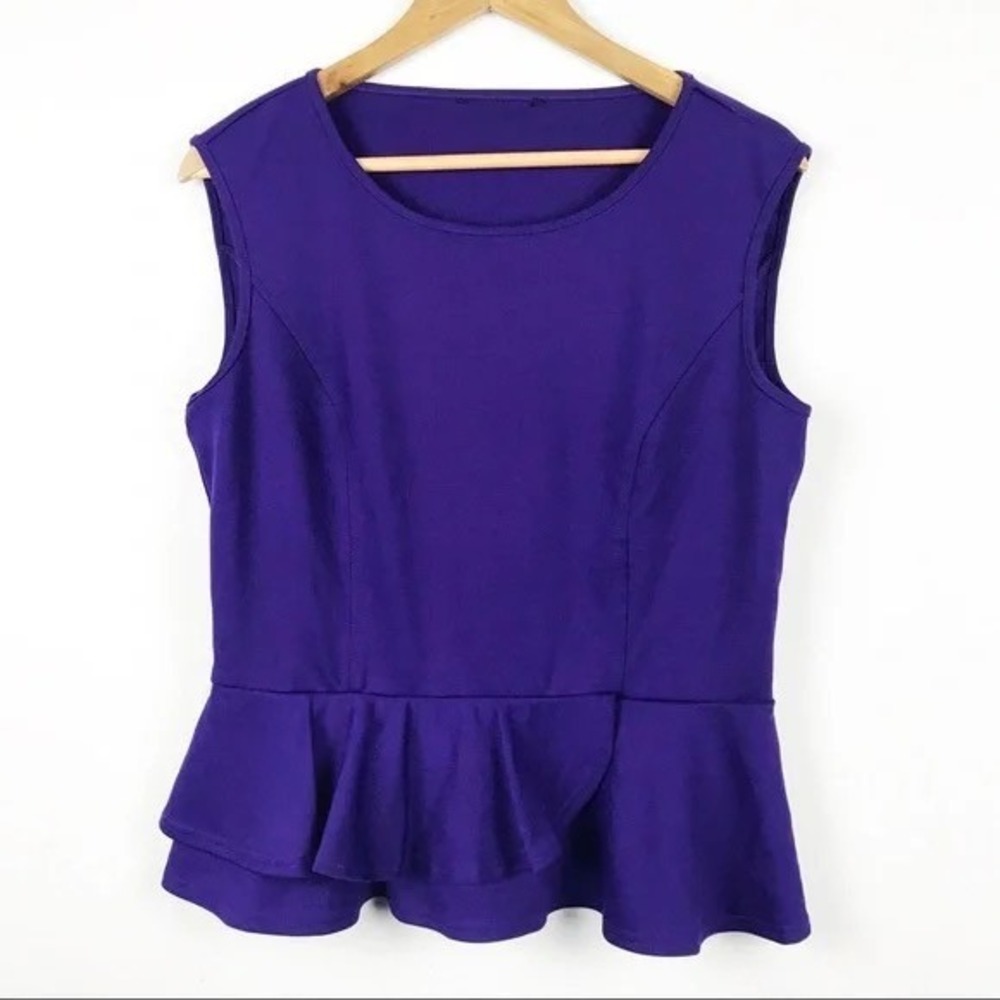 Purple Peplum Sleeveless Top Stretch Fitted Ruffle Hem Casual Chic‎